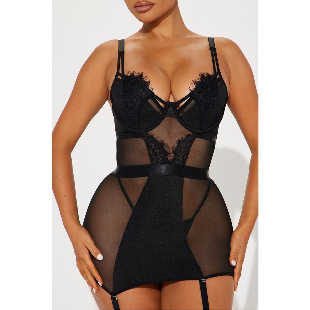 Fashion Nova Mesh Garter Chemise Black S New - Picture 2 of 3